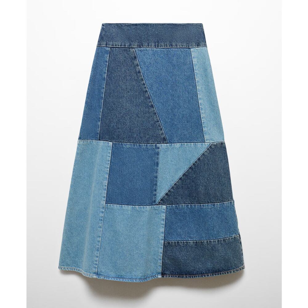 MANGO Patchwork Denim Midi Skirt NWT | Blue Cotton A-Line - Picture 16 of 16